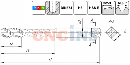 TSF1.M16х1,0.6H.DIN374.M35 Метчик М16х1,0 для глухих отверстий, DIN374, без покрытия