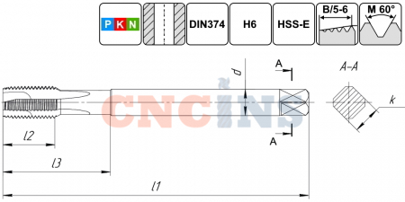 TSP1.M16х1,5.6H.DIN374.M35 Метчик М16х1,5 для сквозных отверстий, DIN374, без покрытия