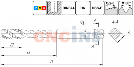 TSF1.M10х1,25.6H.DIN374.TiN.M35 Метчик М10х1,25 для глухих отверстий, DIN374, с покрытием TiN