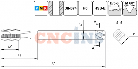 TSP1.M12х1,5.6H.DIN374.TiN.M35 Метчик М12х1,5 для сквозных отверстий, DIN374, с покрытием TiN
